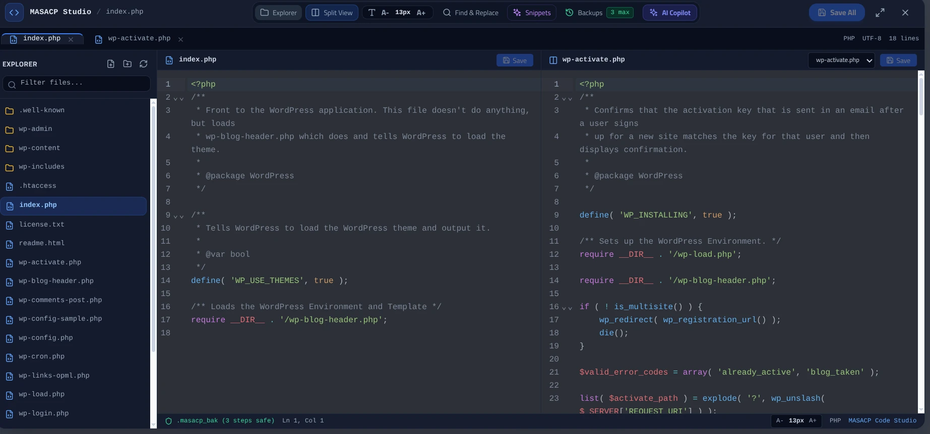 MASACP Studio Dark Theme IDE with AI Copilot